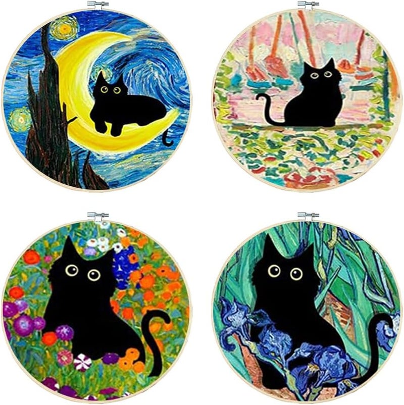 Tiwabb 4 Pack Stamped Cross Stitch Kits with Frame - Black Cat Flower Starry Sky Moon Embroidery Kits for Beginners Adults,11 CT Patterns Dimensions Counted Cross Stitch Kits Arts Craft Kits 7.8 x 7.8 inch - Image 1